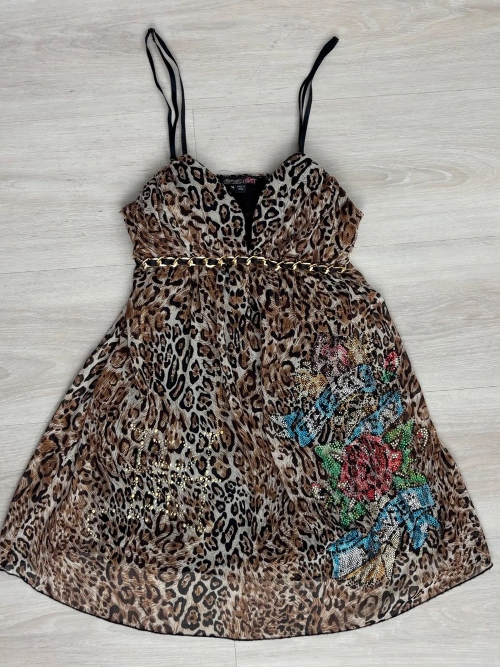 Vintage Y2K Ed Hardy Leopard Print Mini Dress with Gold Accent